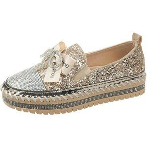 Women's Gold Rhinestone Slip On Walking Bowknot Glitter Bling Sneakers Shoes